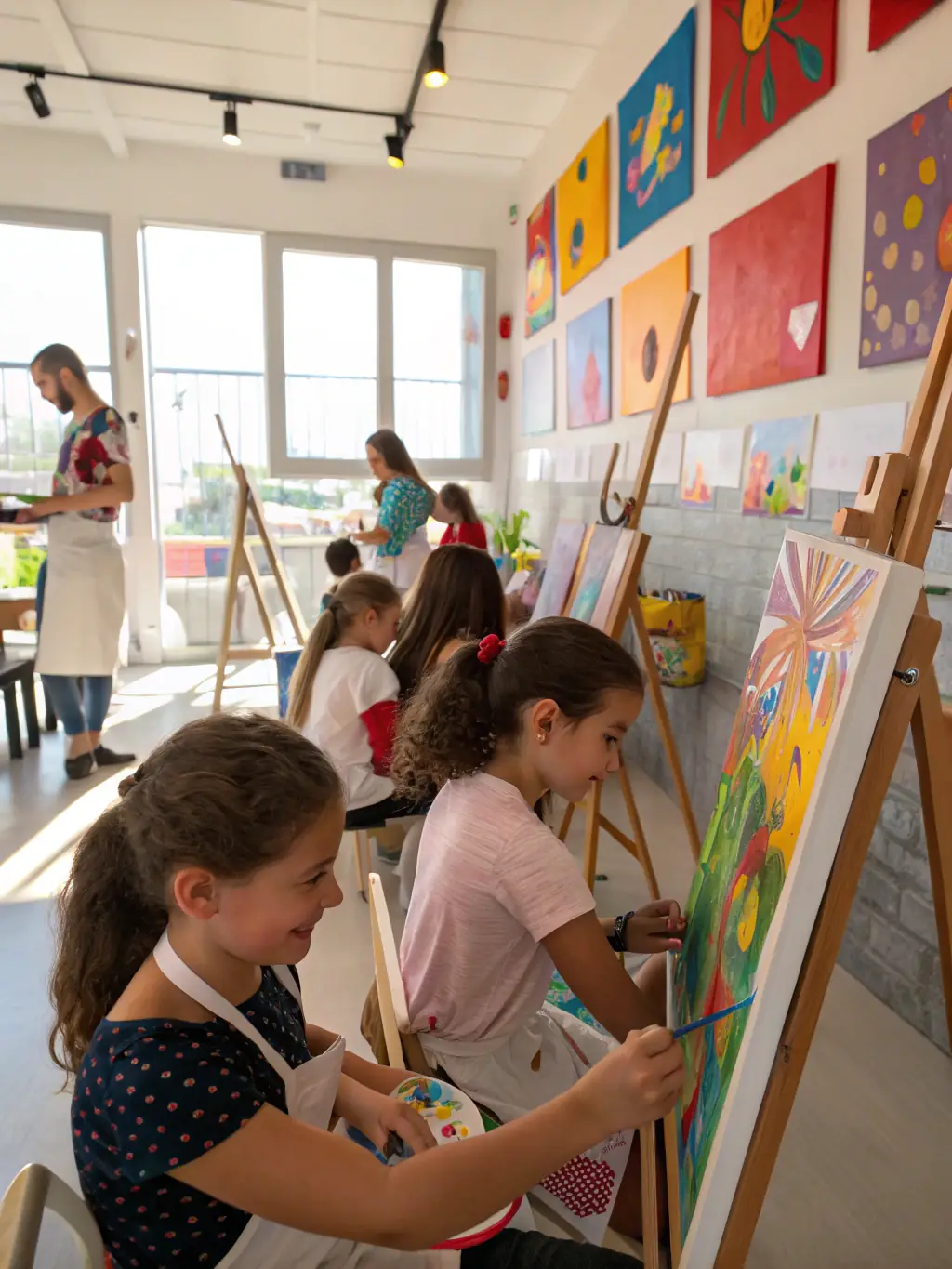 Image d’un atelier participatif : enfants et adultes peignant ensemble sur de grandes toiles, encadrés par un artiste, dans un espace chaleureux décoré d’œuvres colorées.