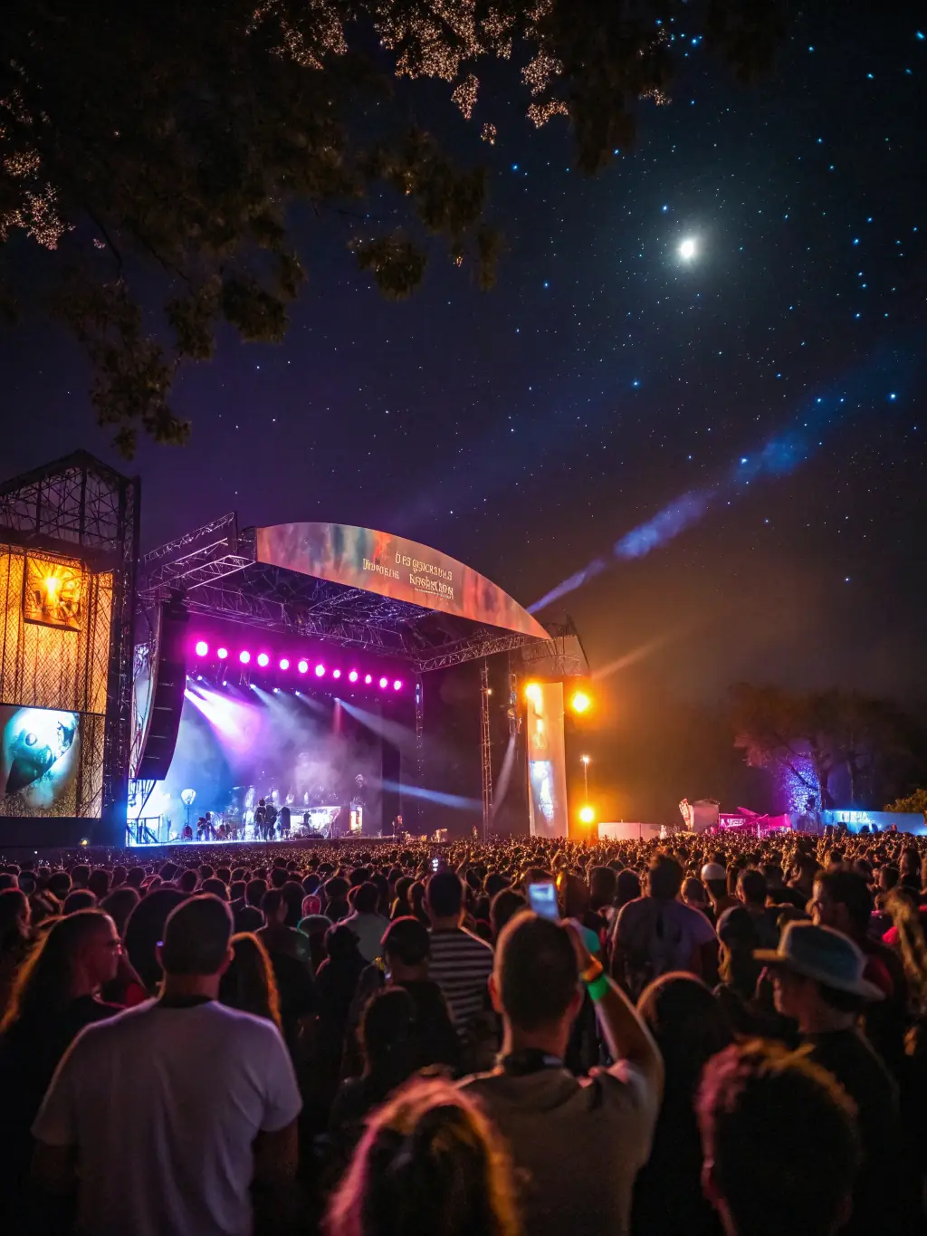 Visuel d’une scène de spectacle vivant : danseurs et musiciens sur scène lors d’un festival en plein air, public attentif et ambiance festive sous des guirlandes lumineuses.
