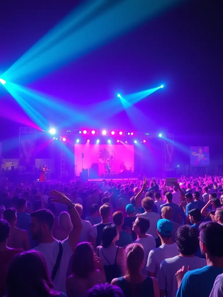 A vibrant outdoor festival scene with artists performing on stage, colorful lights, and a diverse, engaged audience enjoying the event, representing the energy and inclusivity of POINTS DE SUSPENSION’s cultural festivals.