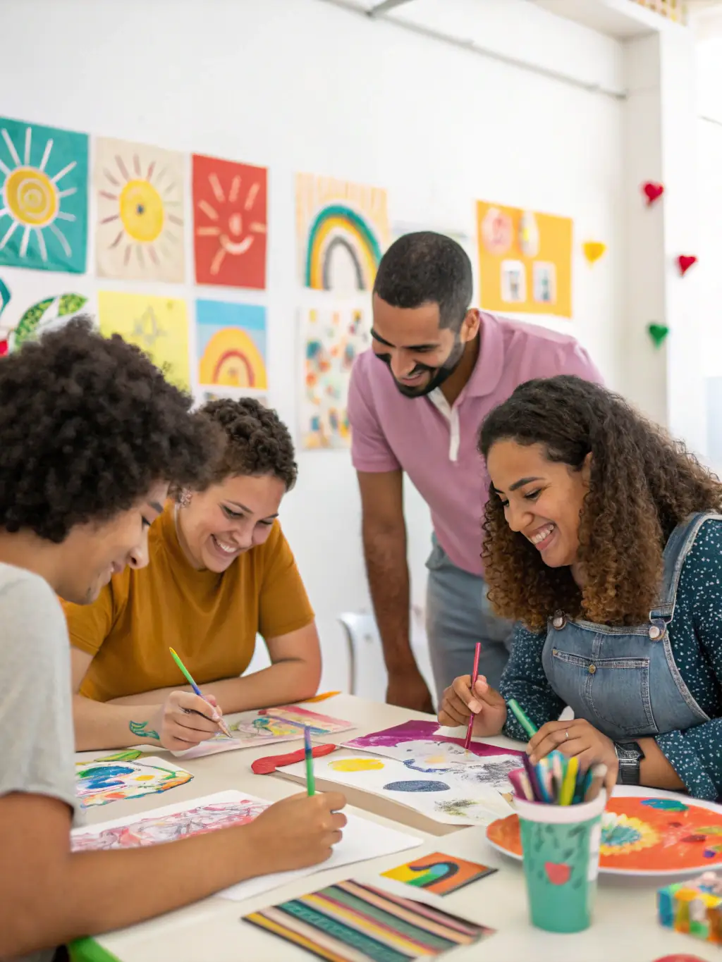 A joyful gathering of local and international artists sharing stories and laughter during a residency, with art pieces displayed in the background, reflecting cultural exchange.