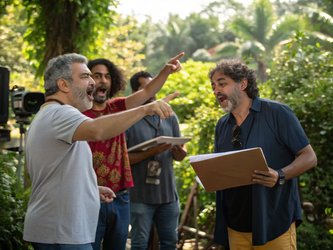 Photo d’un atelier inclusif où des personnes de tous âges et origines participent à une performance théâtrale en plein air, sous la direction d’un artiste en résidence, dans une ambiance conviviale.