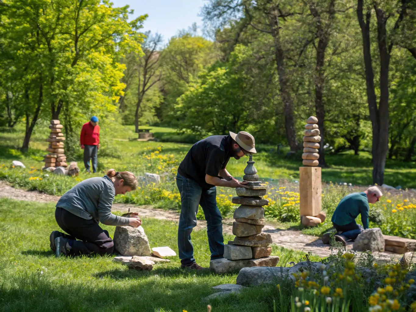 Une image d’un groupe d’artistes et de participants réunis en pleine nature, échangeant autour d’un projet écologique, avec des œuvres en cours de réalisation et une ambiance chaleureuse.