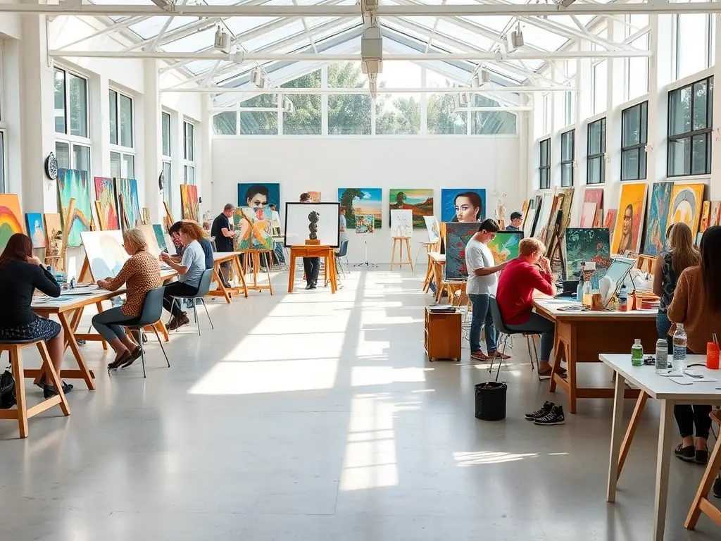 Une photo d’un atelier créatif animé par un artiste, où des participants de tous âges travaillent ensemble sur des œuvres, entourés de matériaux artistiques dans une salle lumineuse et conviviale.