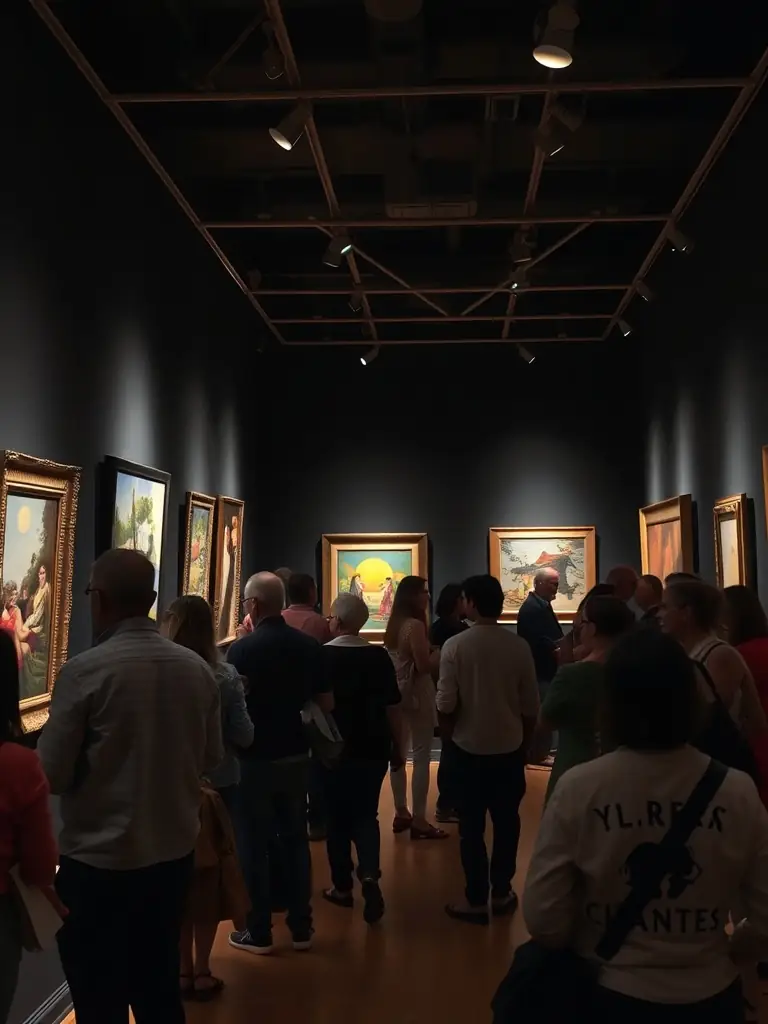 Photographie d’un groupe d’artistes et de visiteurs lors d’un vernissage d’exposition contemporaine, dans une salle lumineuse avec des œuvres accrochées aux murs, ambiance conviviale et échanges animés.