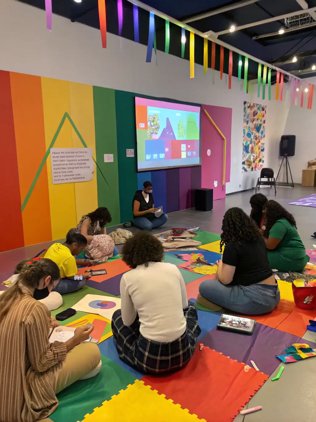 A creative workshop in progress, with artists and local participants collaborating around a large table, surrounded by art supplies and greenery, highlighting hands-on learning and creativity.