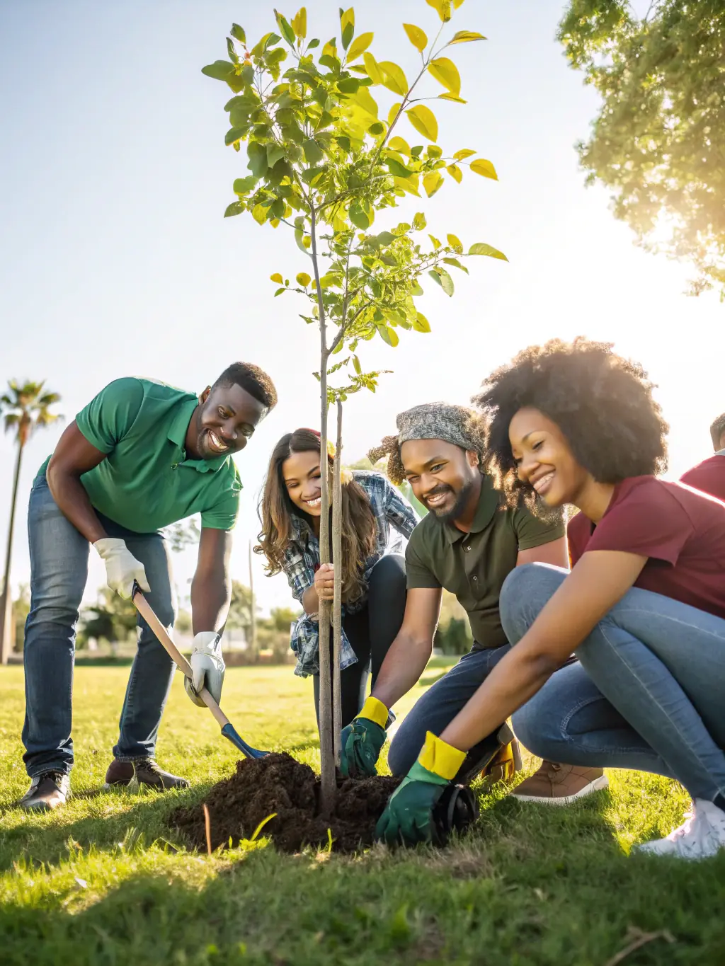 A group of children and adults planting trees and painting murals together in a park, symbolizing ecological awareness and community engagement through art.