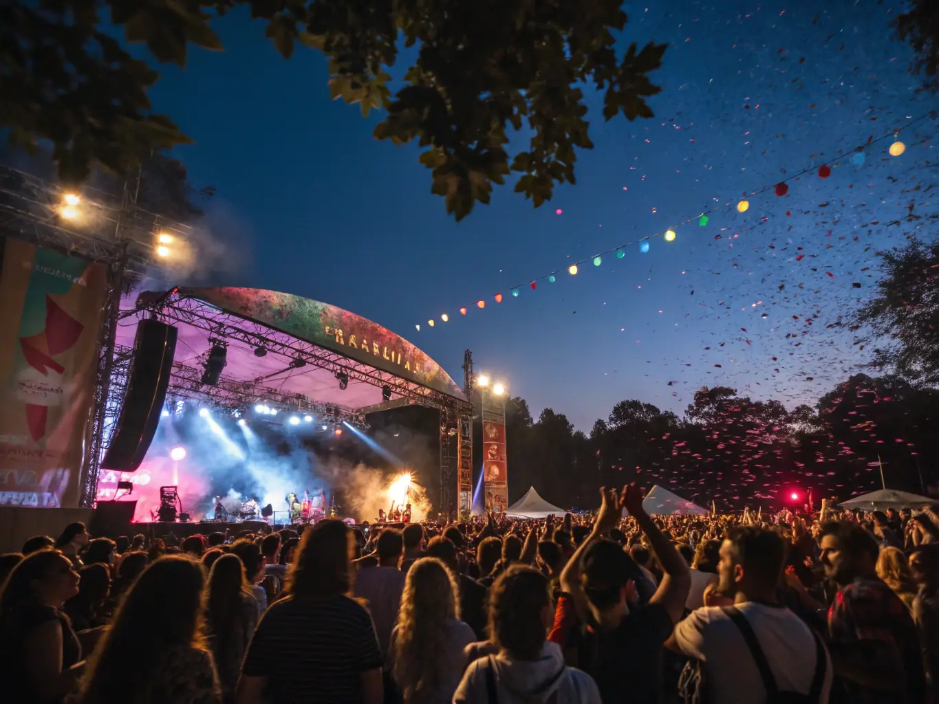 Une image vibrante d’un festival en plein air organisé par POINTS DE SUSPENSION, avec des artistes sur scène, des installations artistiques colorées et un public diversifié profitant de la soirée sous des guirlandes lumineuses.