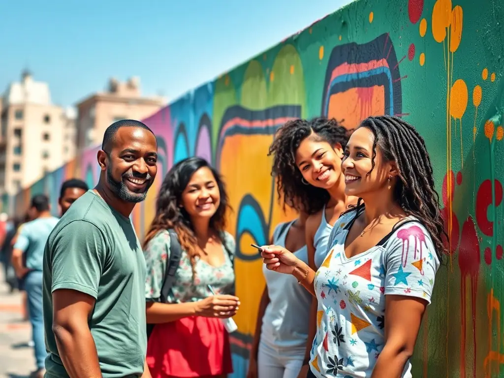 Photographie d’un groupe d’artistes locaux et internationaux réunis autour d’une grande fresque murale colorée, peignant ensemble dans un espace public verdoyant lors d’un atelier organisé par POINTS DE SUSPENSION.